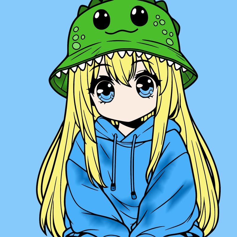 girl with anime shaped eyes with a dinosaur bucket hat oversized sweatshirt long straight hair