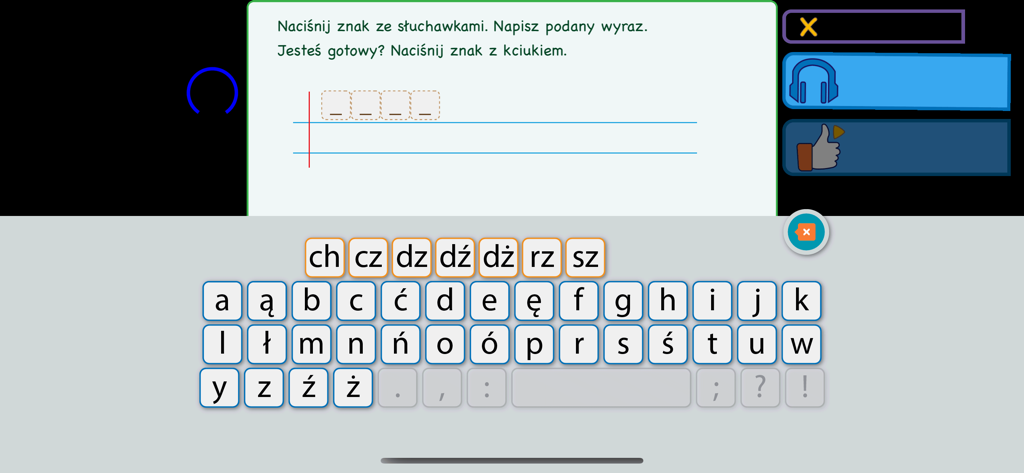 Polskie Ortogramy 2 - Interface of a Polish spelling app showing a custom keyboard with special characters and a lined paper exercise area