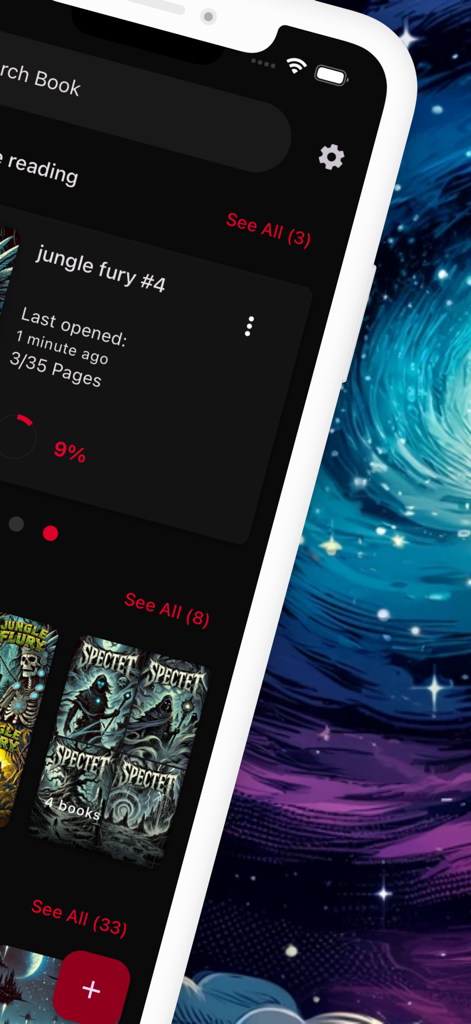 Interface do aplicativo ComiQuest mostrando o progresso de leitura de quadrinhos e a coleção da biblioteca em modo escuro