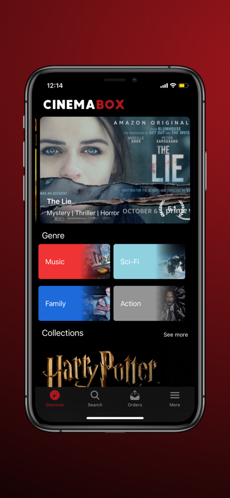 Entdeckungsbildschirm der Cinema Box App, der Filmkategorien und Sammlungen auf einem iPhone anzeigt