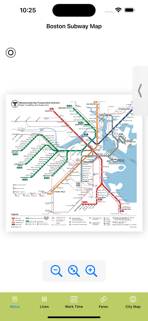 Interface of the Boston Subway Map app showing the MBTA transit map