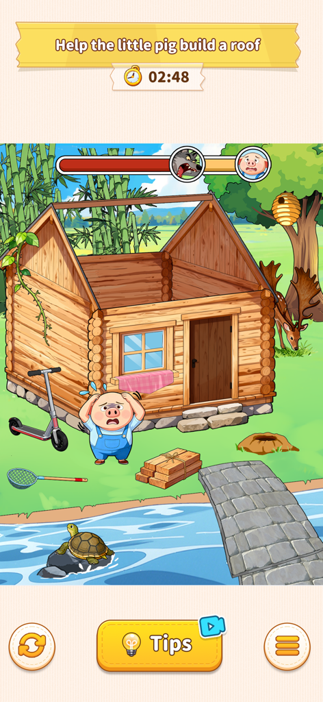 A cartoon puzzle level where the player must help a little pig build a roof for a log cabin.