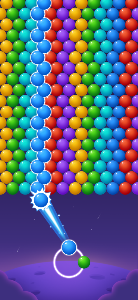 Bubble Shooter - Puzzle Games - Gameplay of a bubble shooter game showing a blue bubble aimed at a colorful wall of bubbles