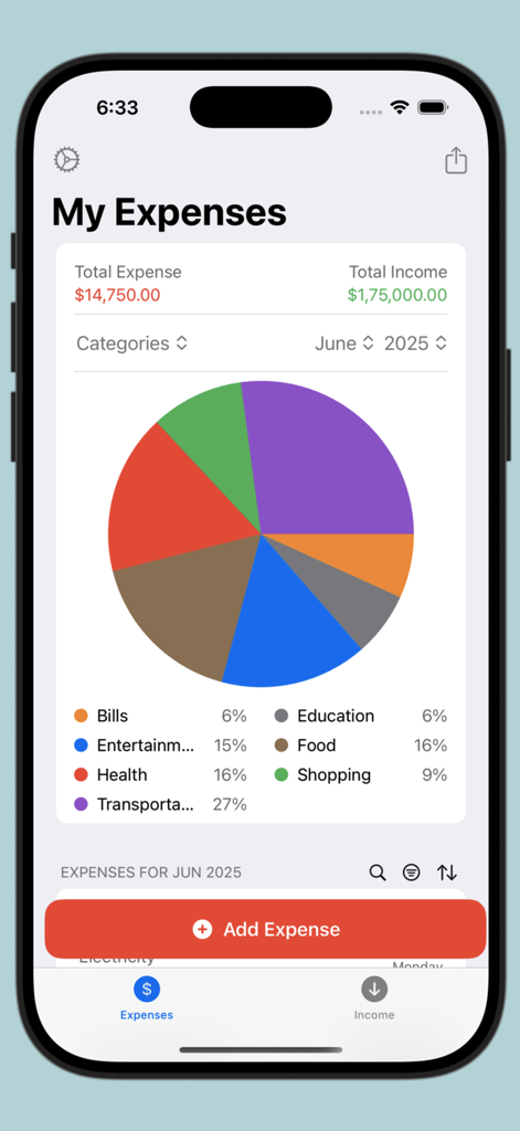 Expense Trail - Budget Tracker - Expense Trail app interface showing a colorful pie chart breakdown of monthly spending by category