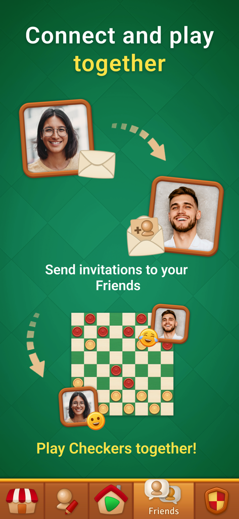 Mobile screen showing how to connect and play checkers online with friends by sending invitations.
