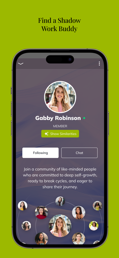 My Shadow World - My Shadow Worldアプリのインターフェース。メンバープロフィールとシャドウワークバディ検索機能が表示されています。