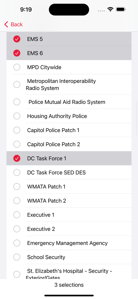 OpenMHz - A list of selectable emergency radio channels in the OpenMHz app including EMS and DC Task Force