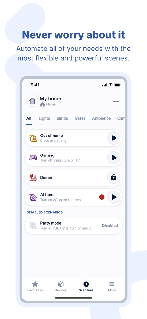 Yubii Home - Yubii Home app interface showing customizable smart home scenarios such as gaming and dinner modes