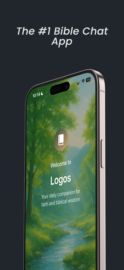 Logos: Bible Chat and Faith - Pantalla de bienvenida de la aplicación Logos Bible Chat que muestra un sereno fondo natural con un arroyo y árboles.