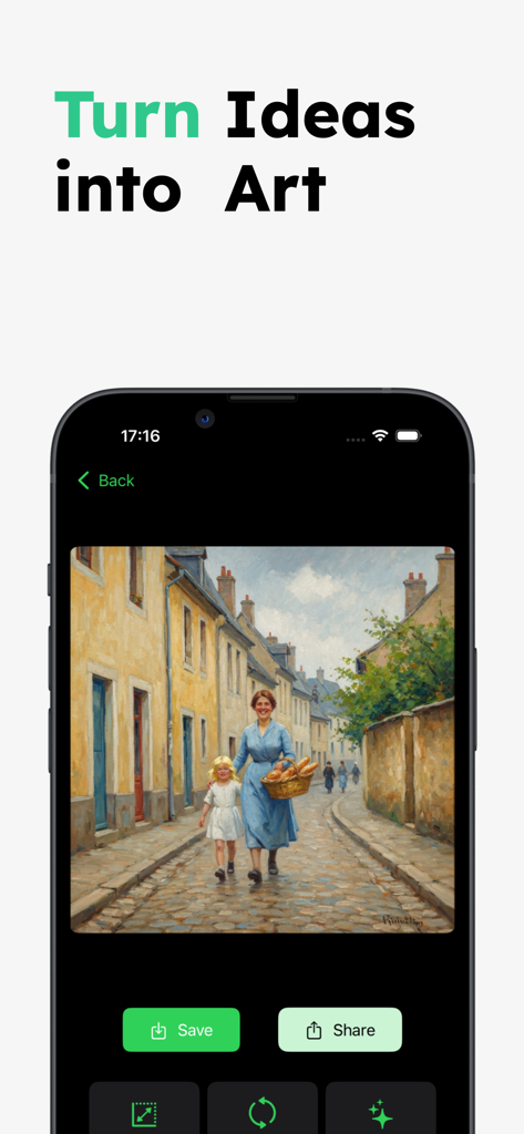 AI Art Generator: Create Art - AI Art Generator app showing a mobile interface with an oil painting of a woman and child on a European street under the text Turn Ideas into Art