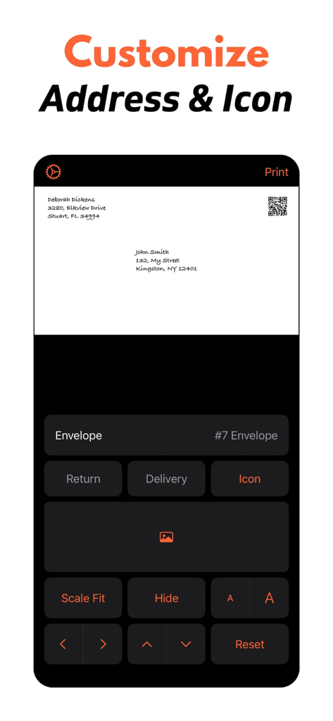 Envelope Printer: Label Maker - A screenshot of the Envelope Printer app showing customization of the recipient address and return address