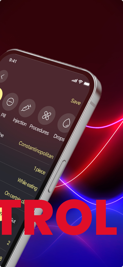 Tela do smartphone exibindo a interface de agendamento de medicamentos Guard Protect com ícones para pílulas, injeções e gotas.