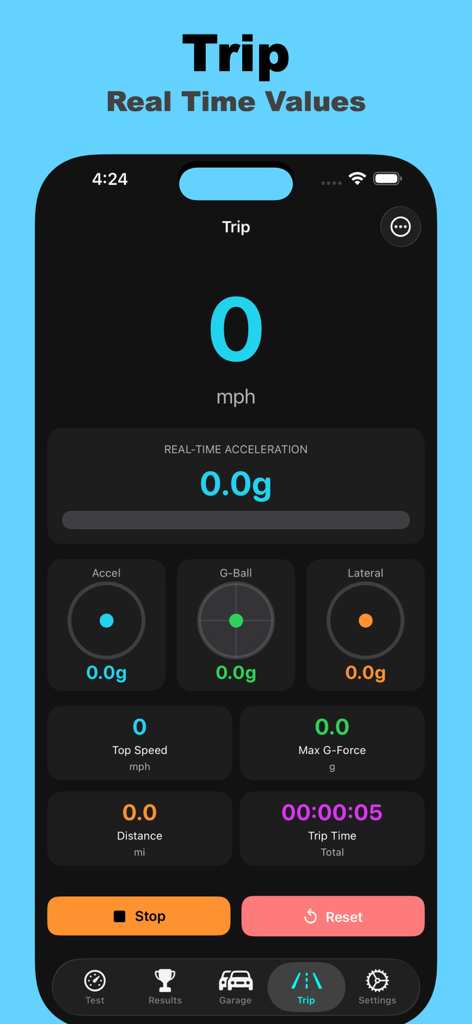 Speed Up app interface displaying real time trip metrics including speed and acceleration