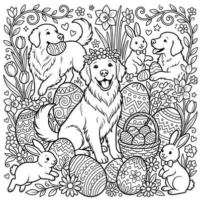 Get ready for a heartwarming Easter with our Golden Retrievers coloring page! This charming scene features happy dogs, playful bunnies, and beautifully decorated eggs amidst a flurry of spring blossoms.