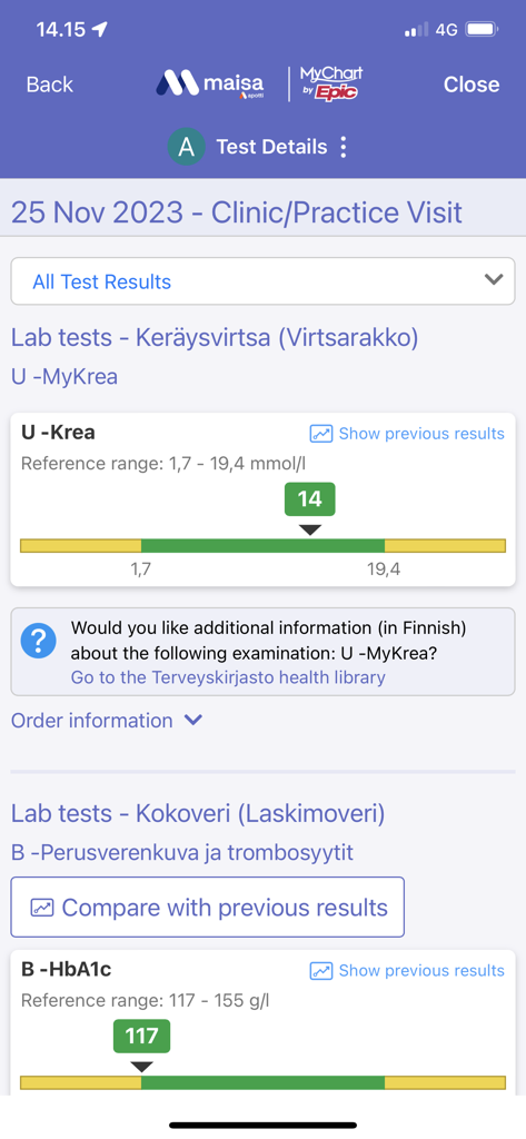 Screenshot of the Maisa app showing laboratory test results for creatinine and HbA1c with reference range indicators.