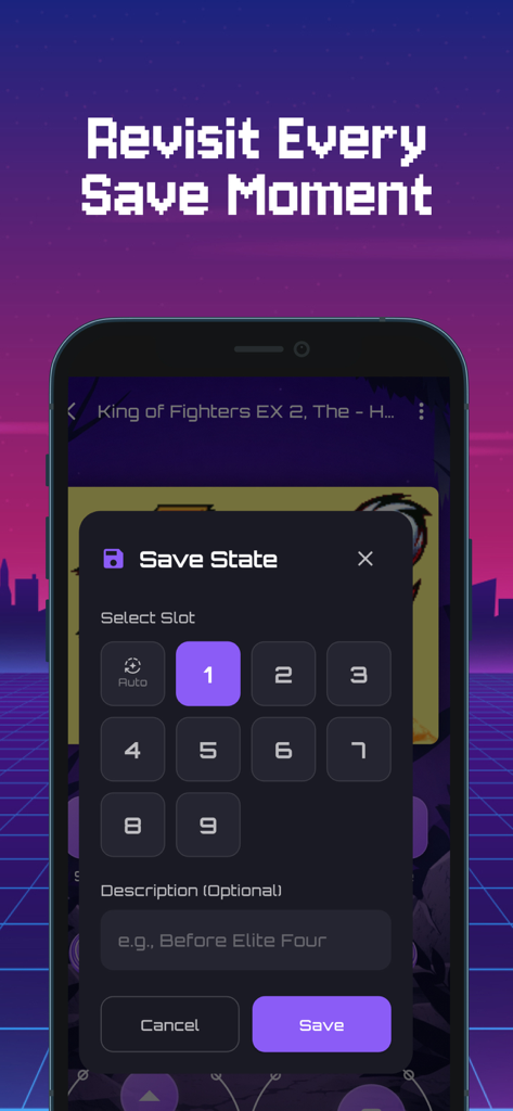 MyBoy - GBA & SNES Emulator - A smartphone interface showing the save state menu with numbered slots and description field in the MyBoy emulator app.