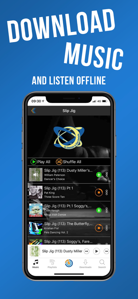 Oberfläche der Beat App, die eine Slip Jig Playlist mit Download-Buttons für Offline-Irish Dance-Übungen anzeigt