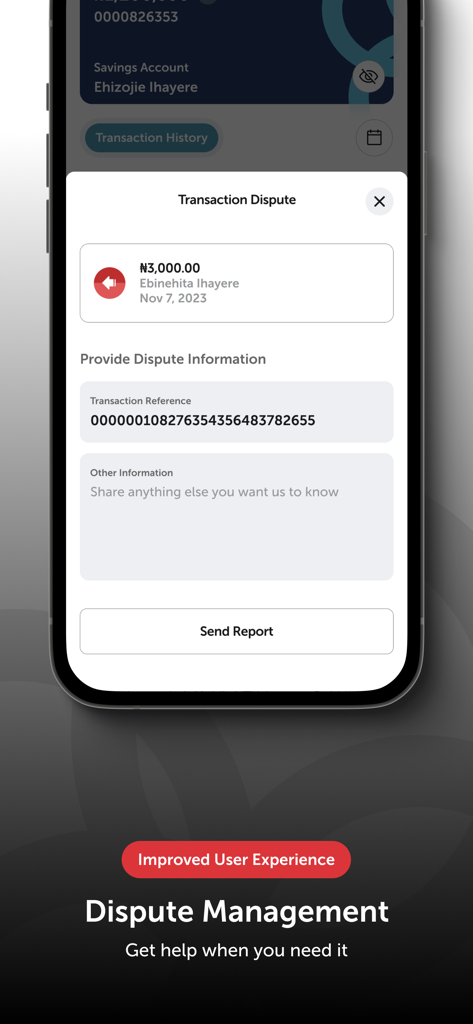 Sterling OneBank app interface for transaction dispute management and reporting issues.