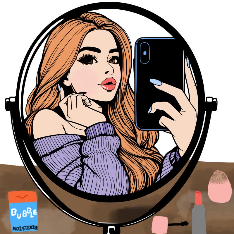 realistic girl taking mirror selfie beautiful