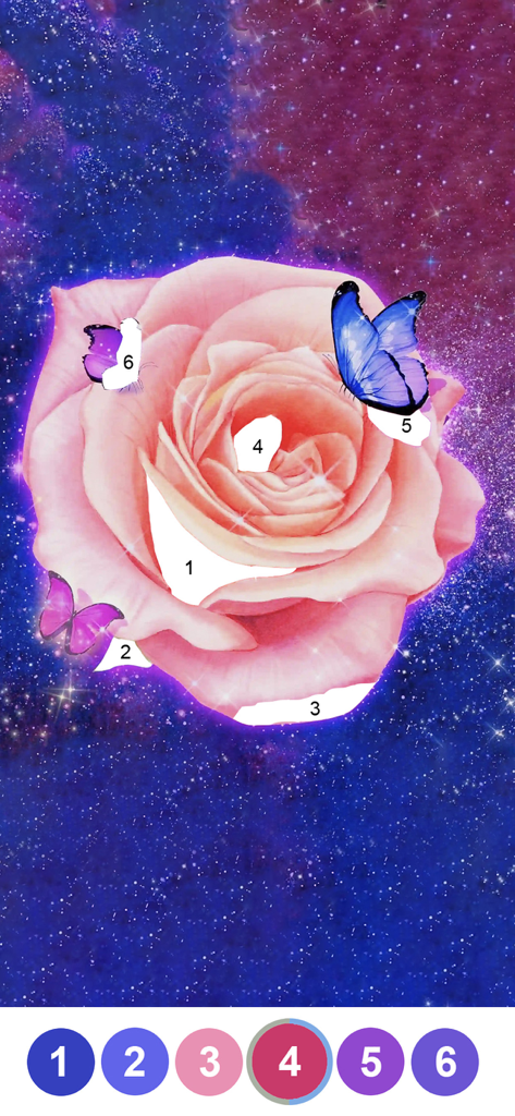 Fancy Color - Paint by Number - Interfaccia digitale dipingi per numero con una rosa rosa e farfalle su uno sfondo galattico