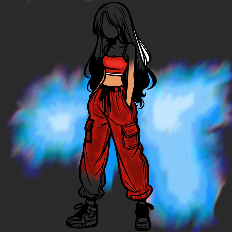 girl in baggy pants crop top and long hair