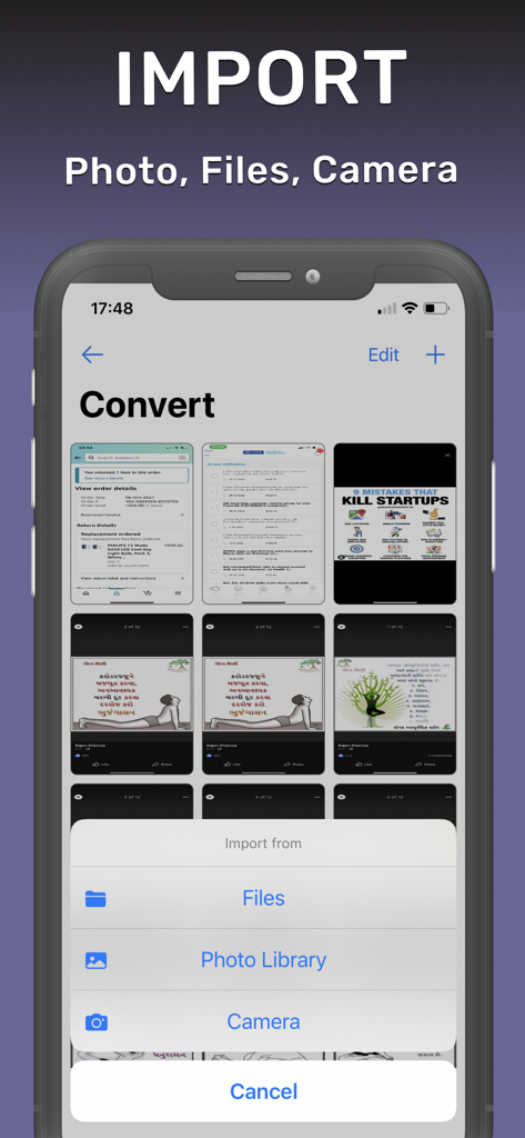 写真からPDFへの変換アプリのインポート画面。ファイルや写真を追加するオプションが表示されています。
