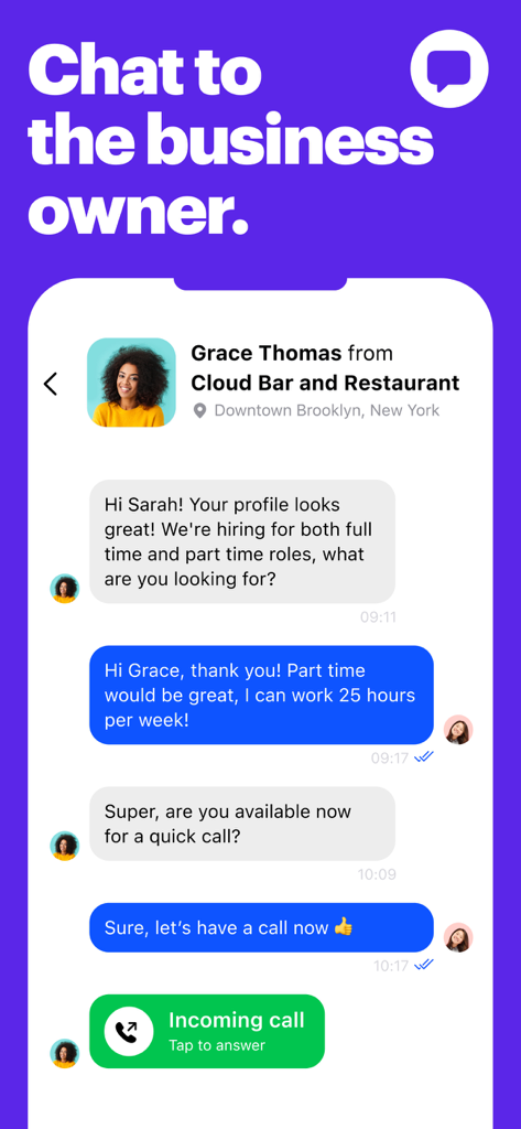 Interface of the JOB TODAY app showing a direct chat between a candidate and a business owner.
