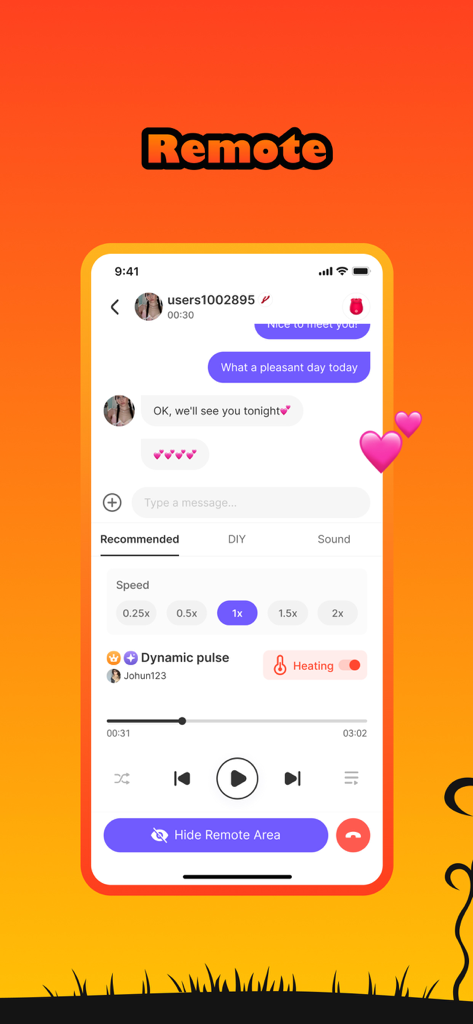 Joyhub app interface showing remote control settings with chat and device vibration controls