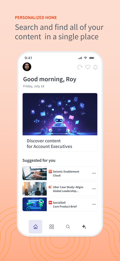 Personalized mobile home screen for sales enablement showing suggested content and search options