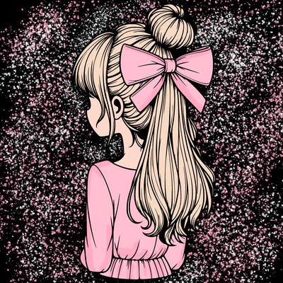 realistic girl  with hip length hair a bun and a big bow on the back of head