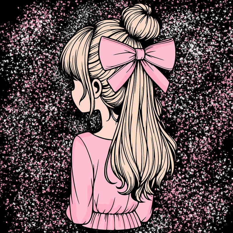 realistic girl  with hip length hair a bun and a big bow on the back of head