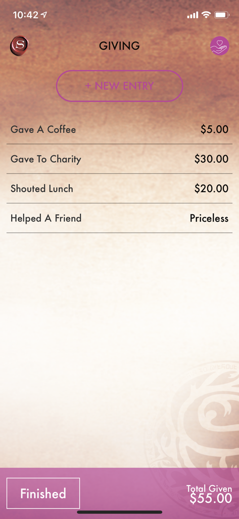 The Secret To Money - A screenshot of the Giving tracker in The Secret To Money app showing a list of generous acts and a total given amount