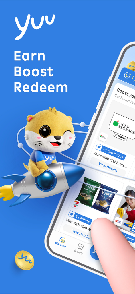 yuu SG - yuu SG rewards app interface showing point boosters and mascot on a rocket