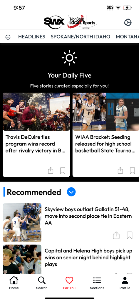 SWX Local Sports - SWX Local Sports app home screen displaying curated daily sports news headlines and recommended regional game scores for Washington and Montana
