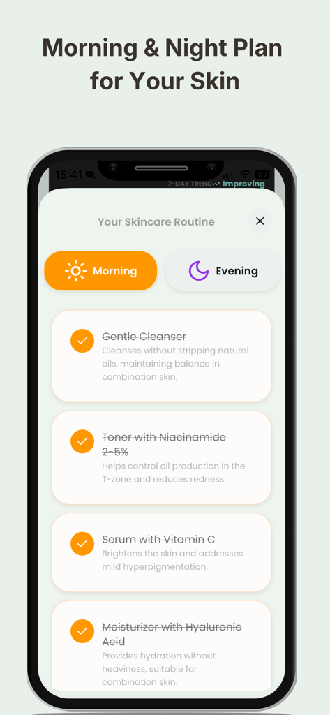 A smartphone screen displaying a personalized morning and night skincare routine plan within the Glow app.