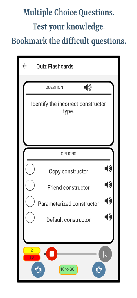 A multiple choice quiz question about C++ constructor types in the Learn C++ Programming Language app.