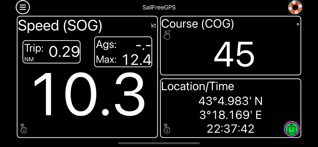 SailFreeGPS - Interface of SailFreeGPS app displaying real-time sailing data including Speed Over Ground, Course Over Ground, and GPS coordinates