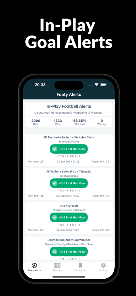 Footy Alerts: Goal Corner Card - Footy Alerts app displaying in-play soccer goal predictions and win rate statistics
