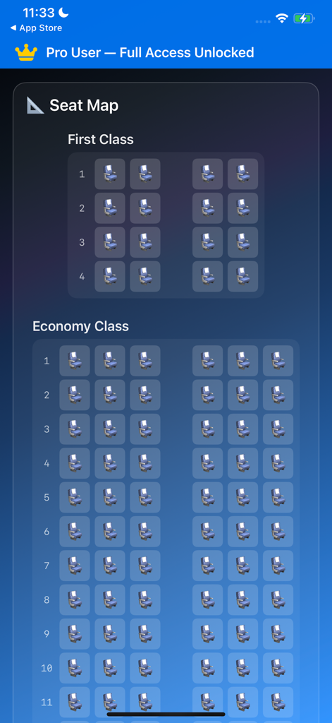 Plane Seat Pro app interface displaying a detailed aircraft seat map for first class and economy class sections