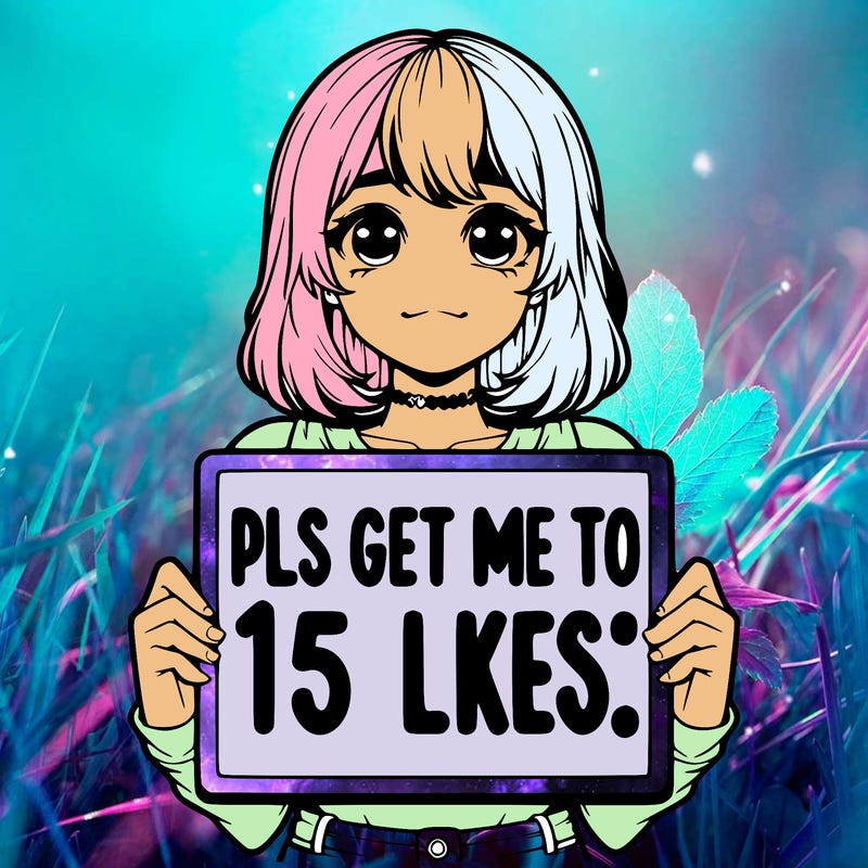 realistic girl holding up a sign that says “pls get me to 15 likes!”
