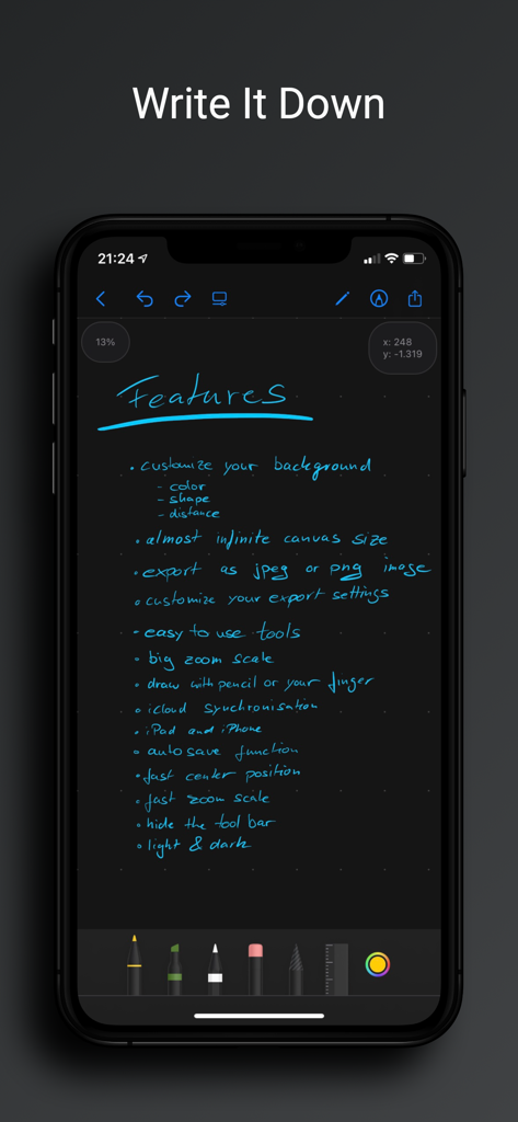 myNotes - Whiteboard - A handwritten list of features on a dark mode digital whiteboard canvas in the myNotes app