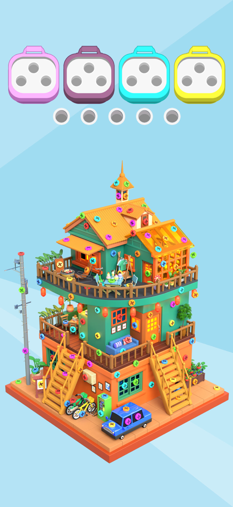 A multi-story 3D house model covered in colorful screws within a puzzle game interface.