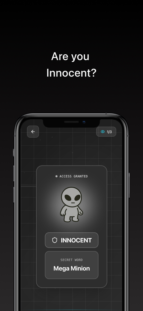 imposter.ai - 秘密の単語「Mega Minion」を持つ無実のプレイヤーの役割を示すゲームインターフェース