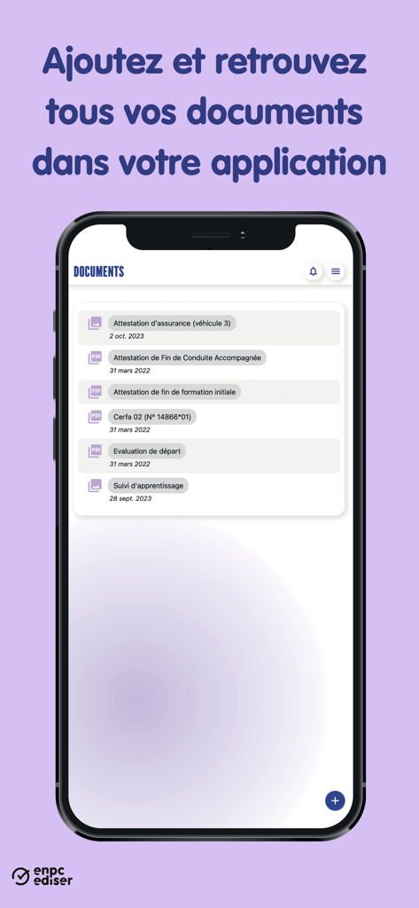 Kopilote - Mobile interface of Kopilote app displaying a digital storage section for driving school documents and certificates