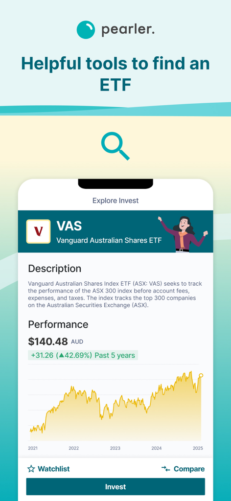 Pearler - Pantalla de la aplicación Pearler que muestra métricas de rendimiento de ETFs y opciones de inversión a largo plazo.