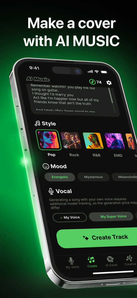 ジャンルとムードのオプションで曲を作成するためのAI Musicアプリインターフェイス。