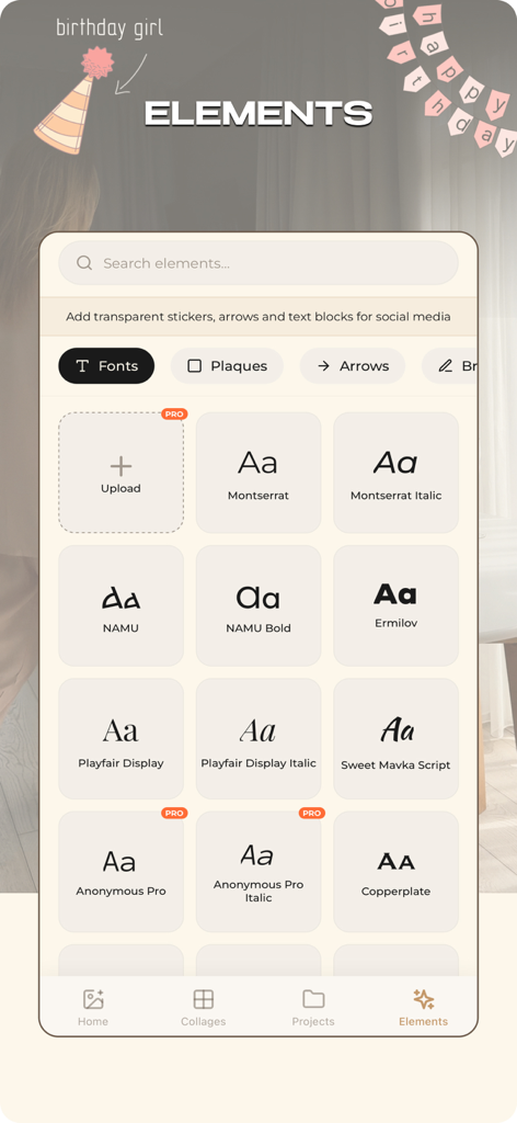 Una selección de fuentes elegantes y estéticas dentro de la interfaz de la aplicación editor de fotos MULI