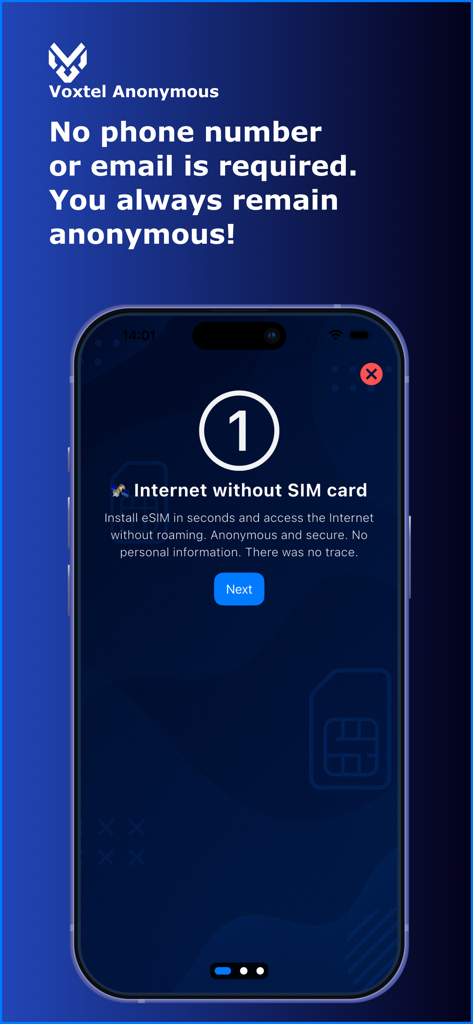 Interfaz de la aplicación VoxTel Anonymous que muestra el paso de incorporación de eSIM para acceso anónimo a Internet