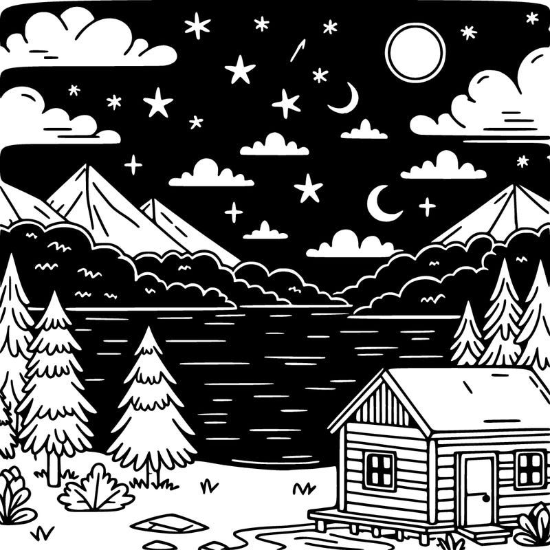 night sky over a lake with a cabin