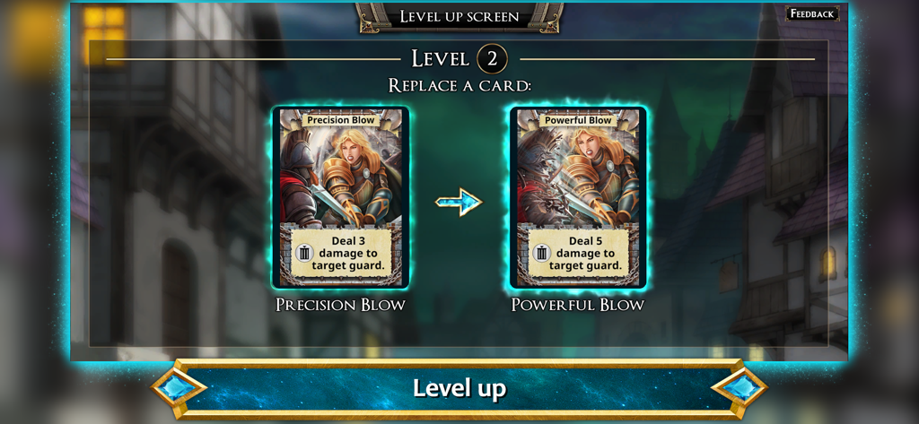Hero Realms level up screen showing a card upgrade from Precision Blow to Powerful Blow